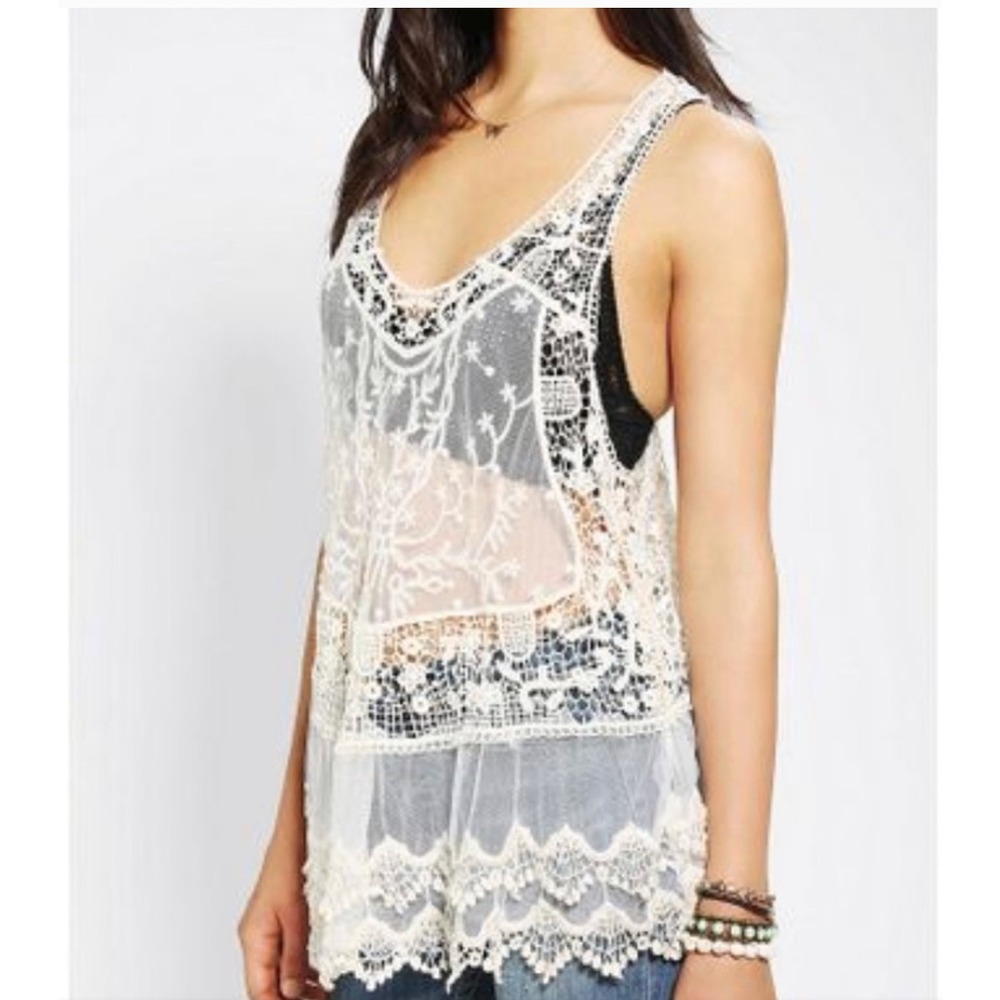Anthropologie Pins & Needles Tank Small Ivory Lace Sheer Crochet Boho Festival